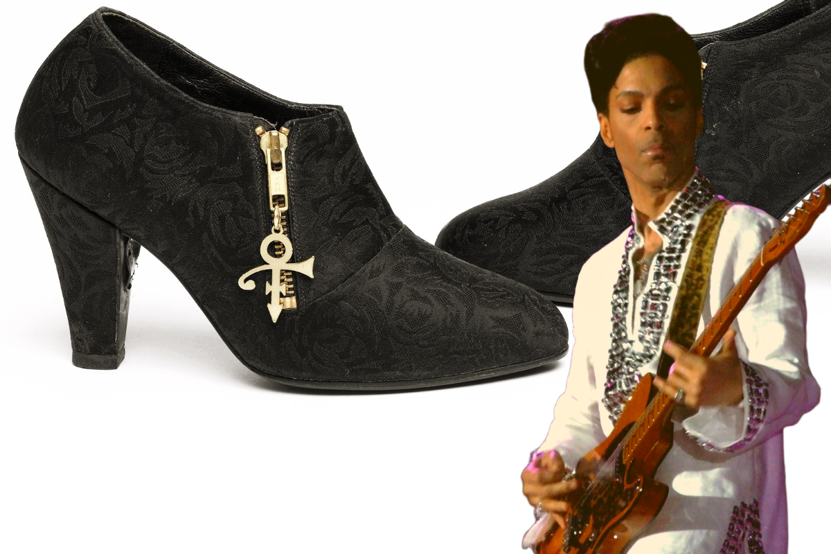 Ботинки Принца (1994 г.) и сам Принц в 2008 году