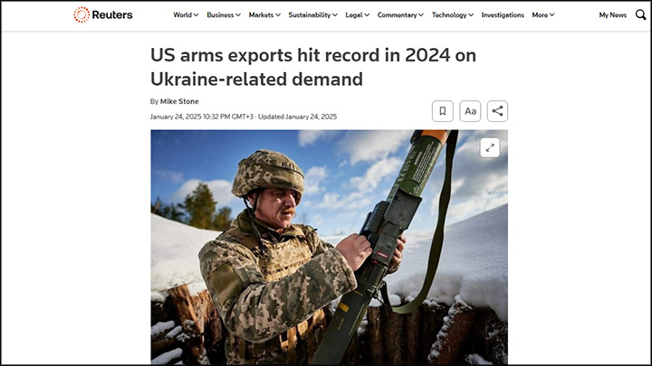    Экспорт оружия из США в 2024 финансовом году на фоне военного конфликта России и Украины вырос на 29%, до рекордных $318,7 млрд. Скриншот: Reuters