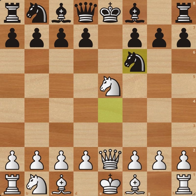 Эта позиция возникла из Русской партии (1. e4 e5 2. Kf3 Kf6). Как лучше всего сыграть белым?