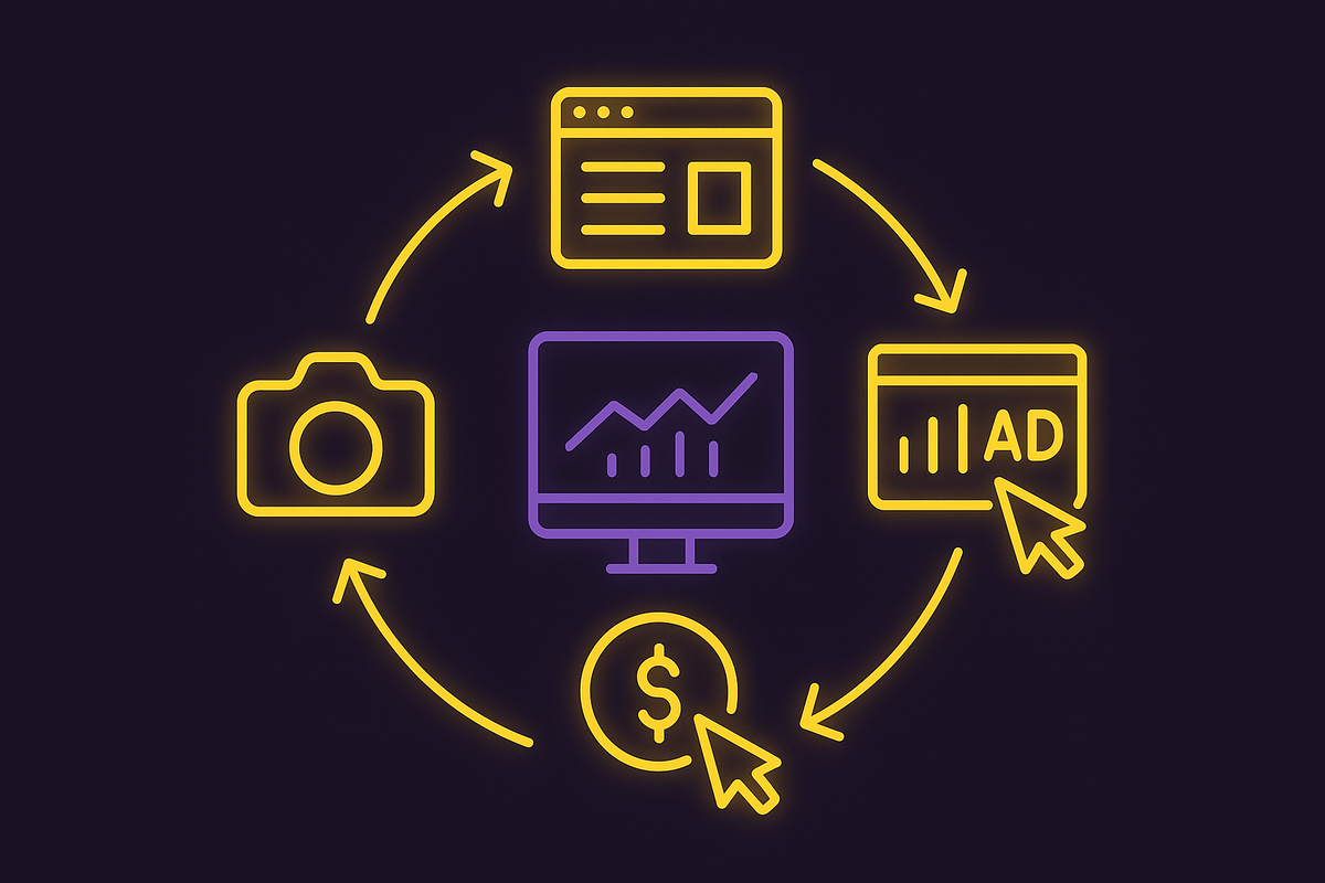 Замкнутый цикл: контент → страница → Ads → аналитика → монетизация