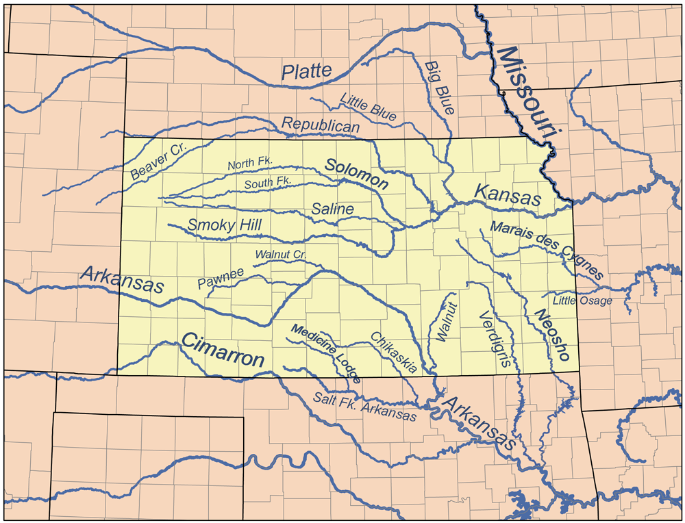 Канзас с картой речных бассейнов, для сравнения (Borrowed from here (thanks Wikipedia): https://en.wikipedia.org/wiki/List_of_rivers_of_Kansas)