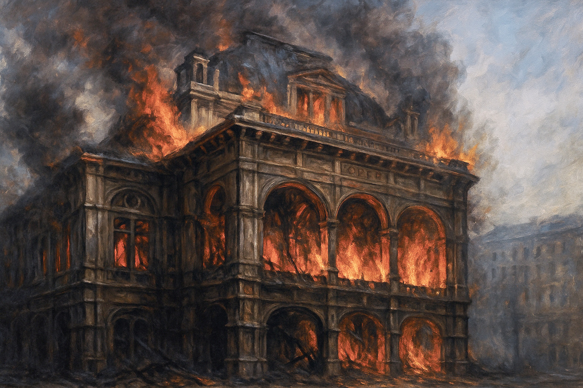 Пожар, уничтоживший Венскую государственную оперу.