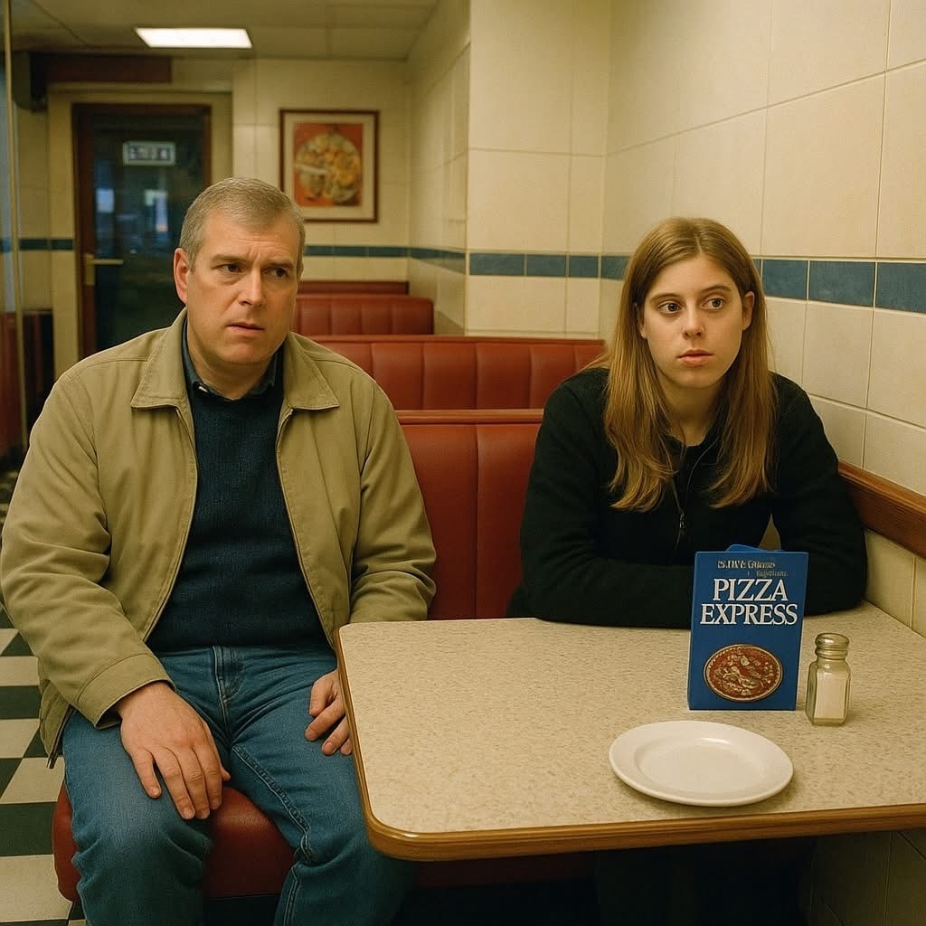 Искусственный интеллект сделал картинку с бывшим принцем Эндрю и с одной из его дочерей в недорогом сетевом кафе "Пицца Экспресс". Из открытого источника. 