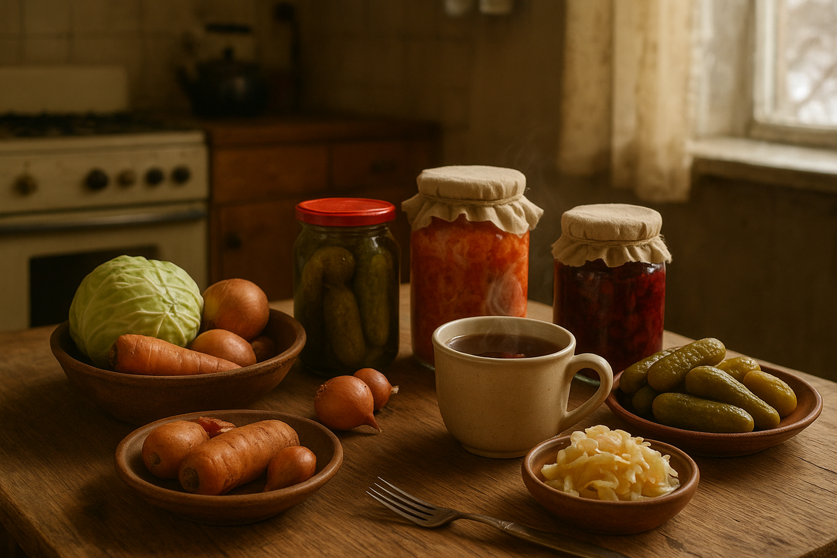 Советская кухня зимой: на столе чашка горячего чая, домашние заготовки, зимние овощи и закуски