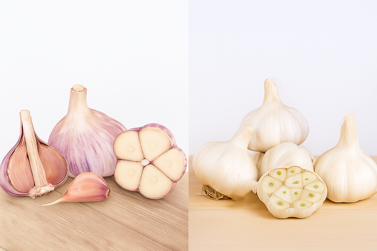 Слева - озимый: в центре твердый толстый стержень, справа - яровой: центрального стержня нет, чесночные дольки в несколько ярусов 