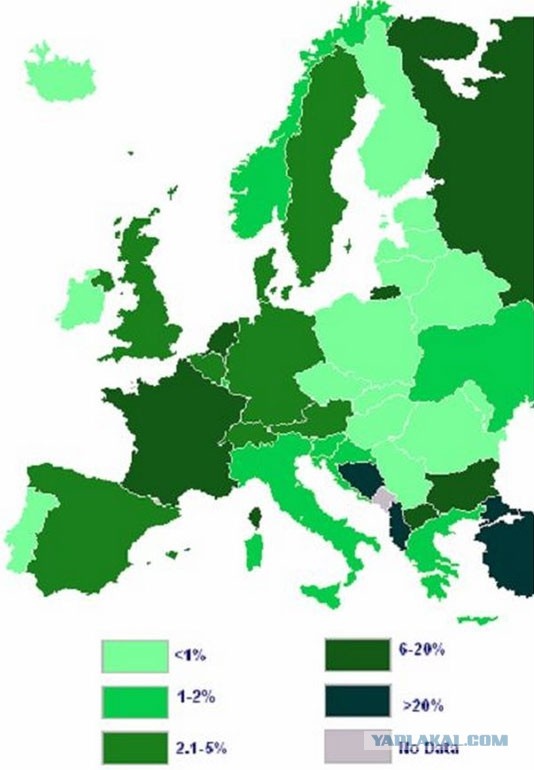 Диапазон 6-20 выбран сознательно. Ибо во Франции 6%, а в России 20 (даже по российским же данным). Но по цвету вроде как одно и то же.