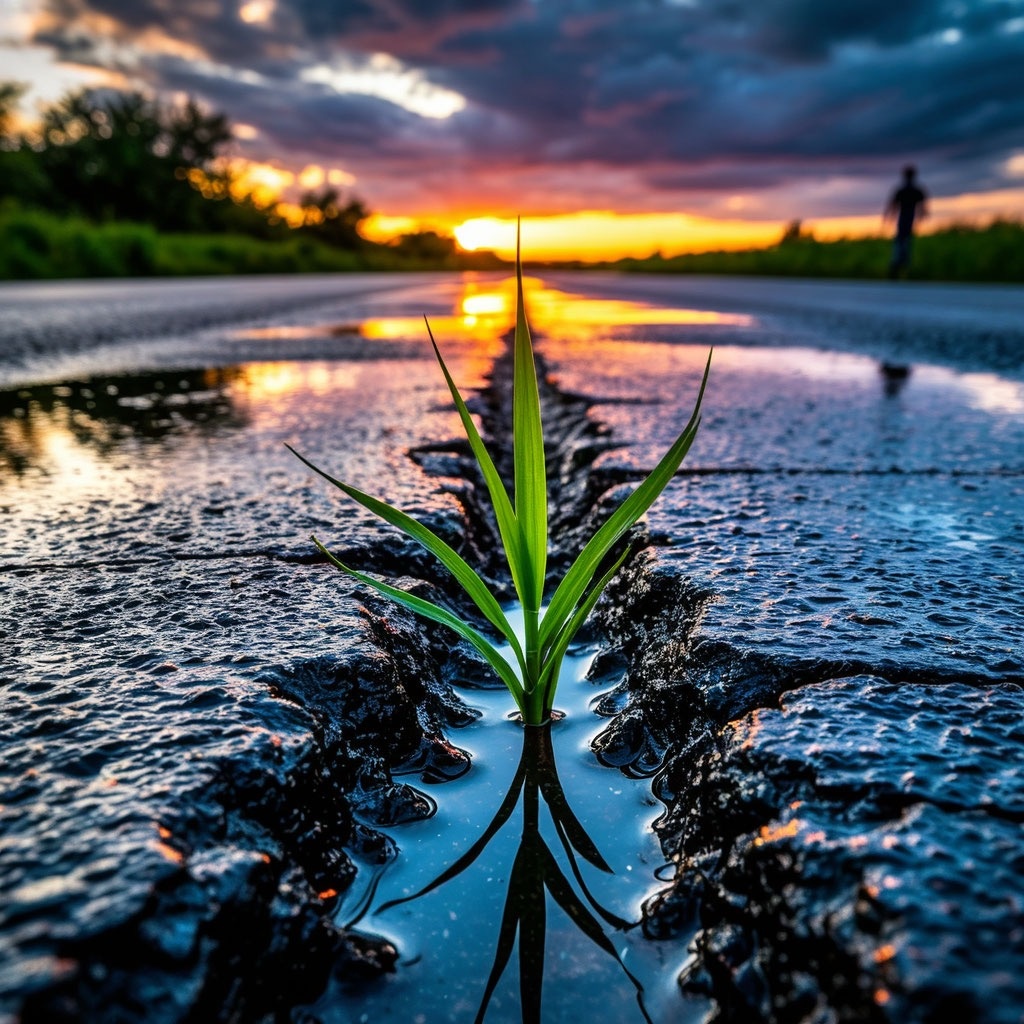 Самая обычная трещина в асфальте. Но присмотритесь: в ней отражается целое небо, а из глубины пробивается жизнь. Город пытается скрыть свои шрамы, но именно они и рассказывают его самую честную историю. История, которую мы разгадываем всю жизнь, даже не подозревая об этом.
