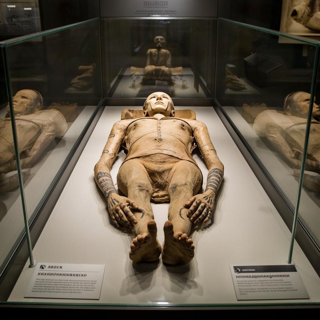 Мумия принцессы Укока в музее. Отлично сохранившиеся татуировки на руках.