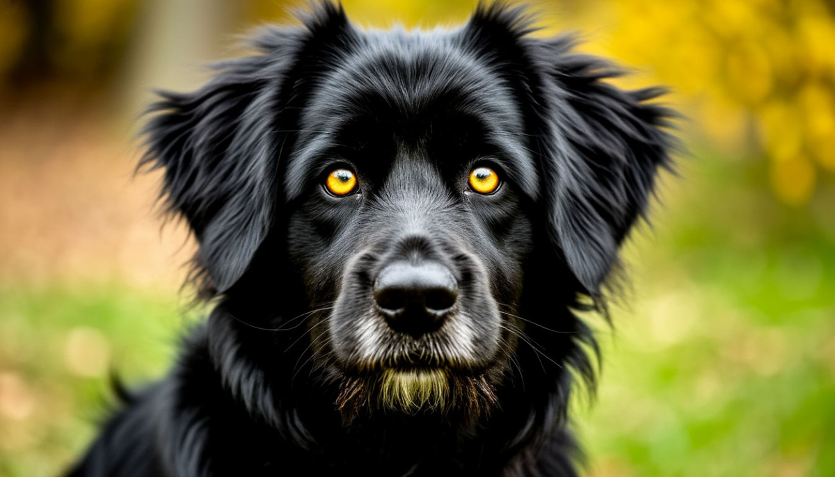 Чёрный мохнатый пёс с жёлтыми глазами