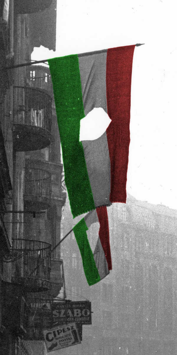 Флаг восставших представлял собой флаг Венгрии с вырезанным из него гербом ВНР