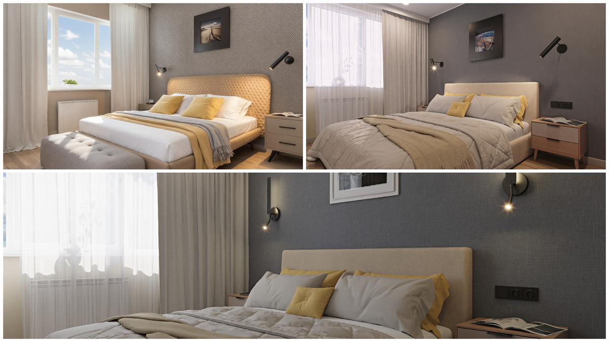 Коллаж их трех вариантов спальни