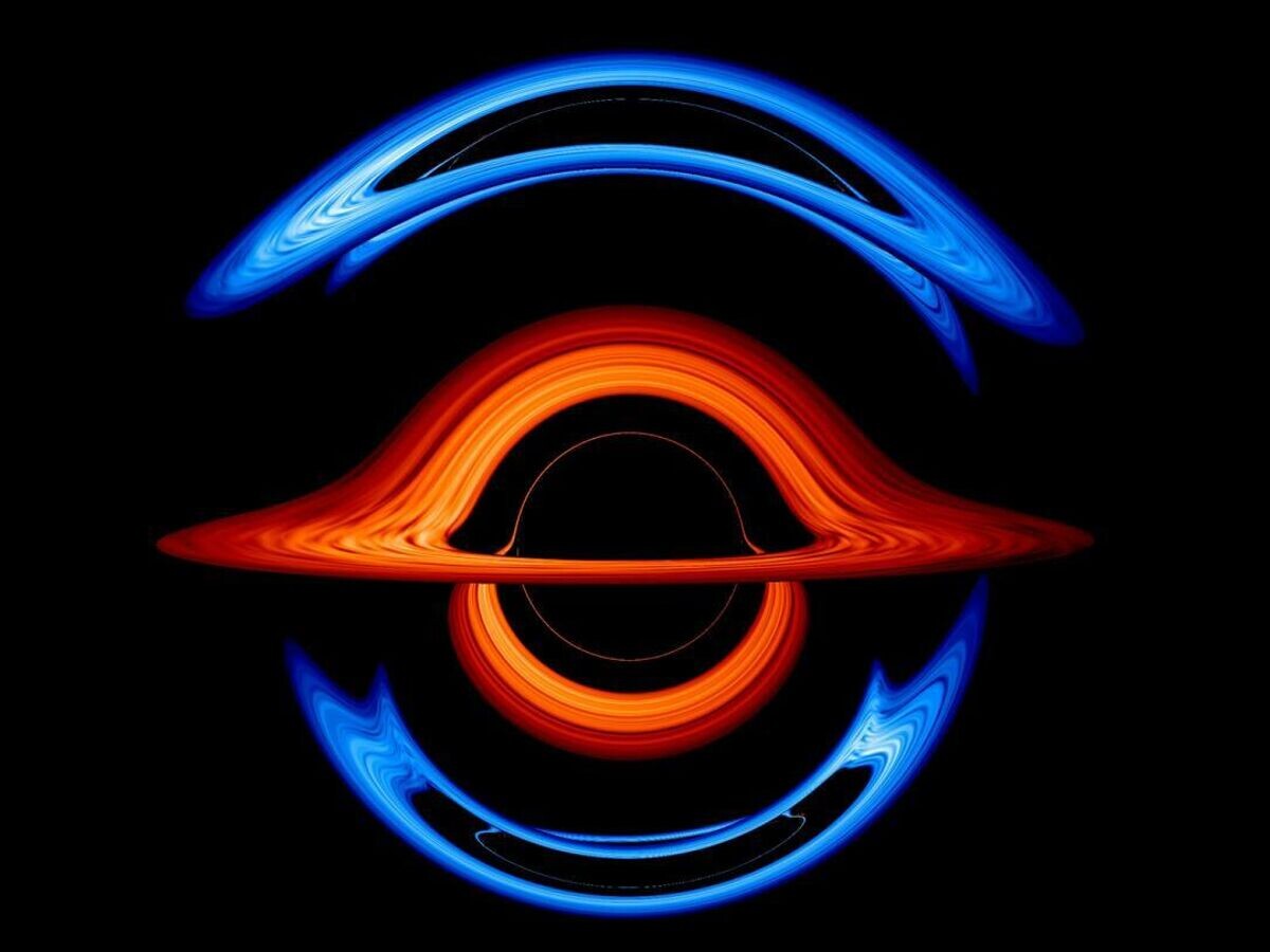    На этом кадре из новой визуализации на переднем плане находится сверхмассивная черная дыра весом 200 миллионов солнечных масс. Ее гравитация искажает свет от аккреционного диска меньшей сопутствующей черной дыры весом 100 миллионов солнечных масс. Аккреционный диск первой черной дыры показан красным, второй — синим© NASA / Jeremy Schnittman and Brian P. Powell