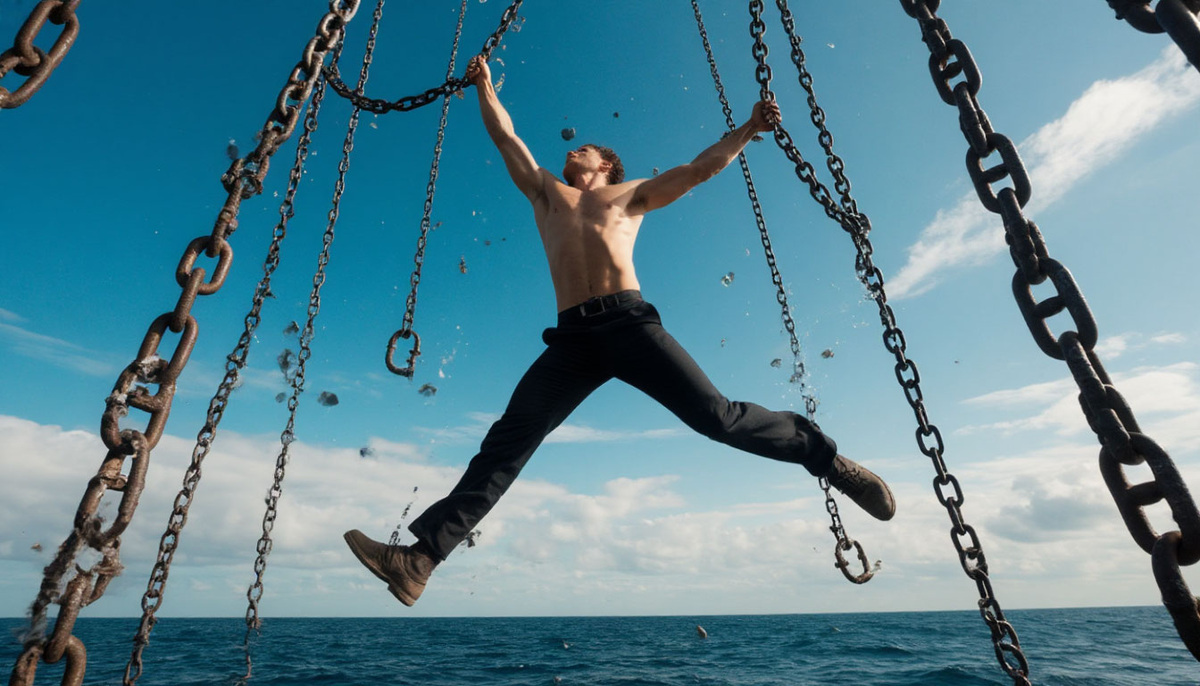 Энергетические узы: танец с долгом между рабством и свободой. Долг как парящие цепи, которые могут стать либо оковами, либо опорными точками для рывка вверх. Фигура в динамичном движении, балансирующая между тяжестью обязательств и лёгкостью их осознанного принятия.