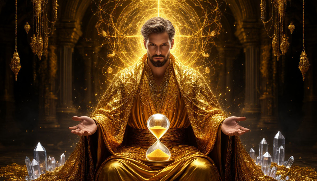 Иллюзия чужого блеска: человек в золотых одеждах, сотканных из паутины долгов. Под внешним сиянием скрывается пустота, вытекающая песочными часами времени и упущенными возможностями. Настоящее богатство в виде ростков и кристаллов уходит в тень, незамеченное.