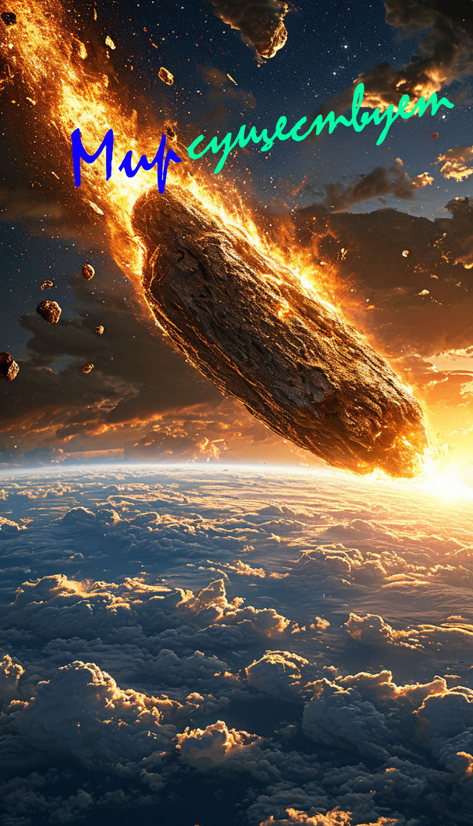 Представление нейросети Шедеврум от Яндекса (да? Или чья?) о том, как падает астероид на планету типа "Земля".