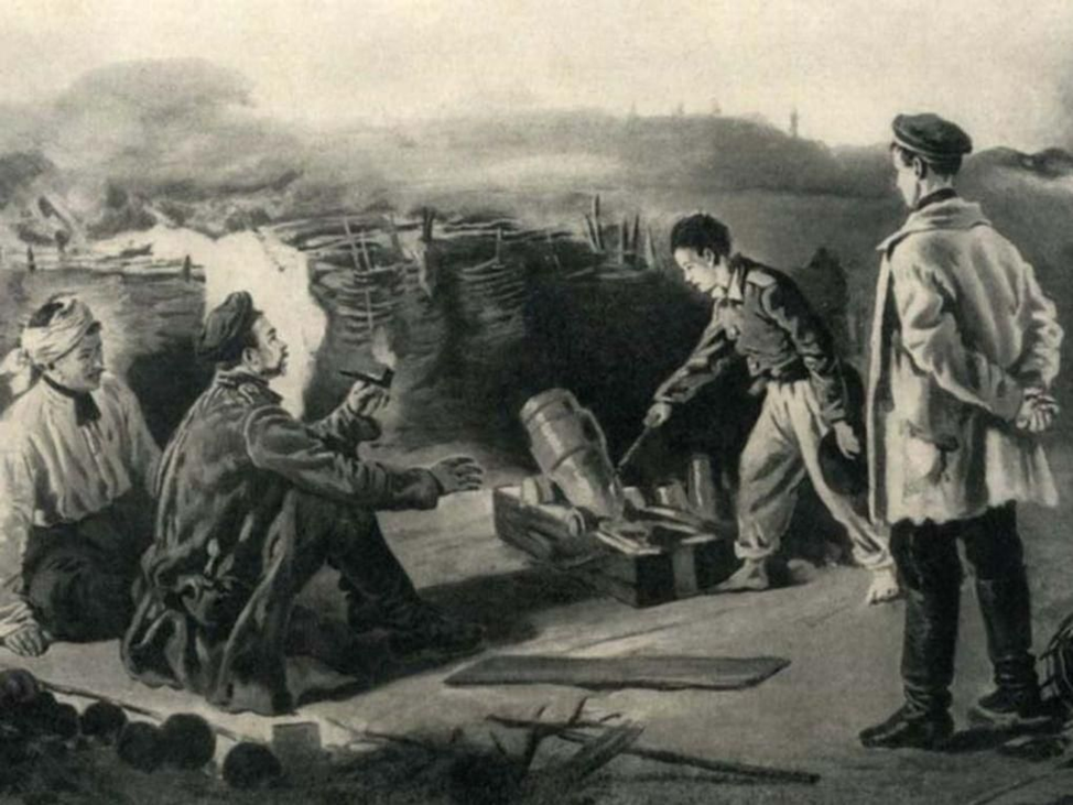 Маковский В.Е. "Десятилетний севастополец Коля Пищенко на батарее". Масло. 1872 год.