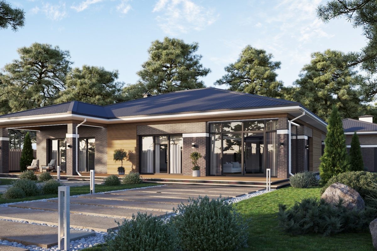 Комплекс из трех строений: дом, баня и гараж выполнены в едином современном стиле. Все строения одноэтажные с просторной планировкой и удобным функциональным зонированием - подробности планировки на сайте