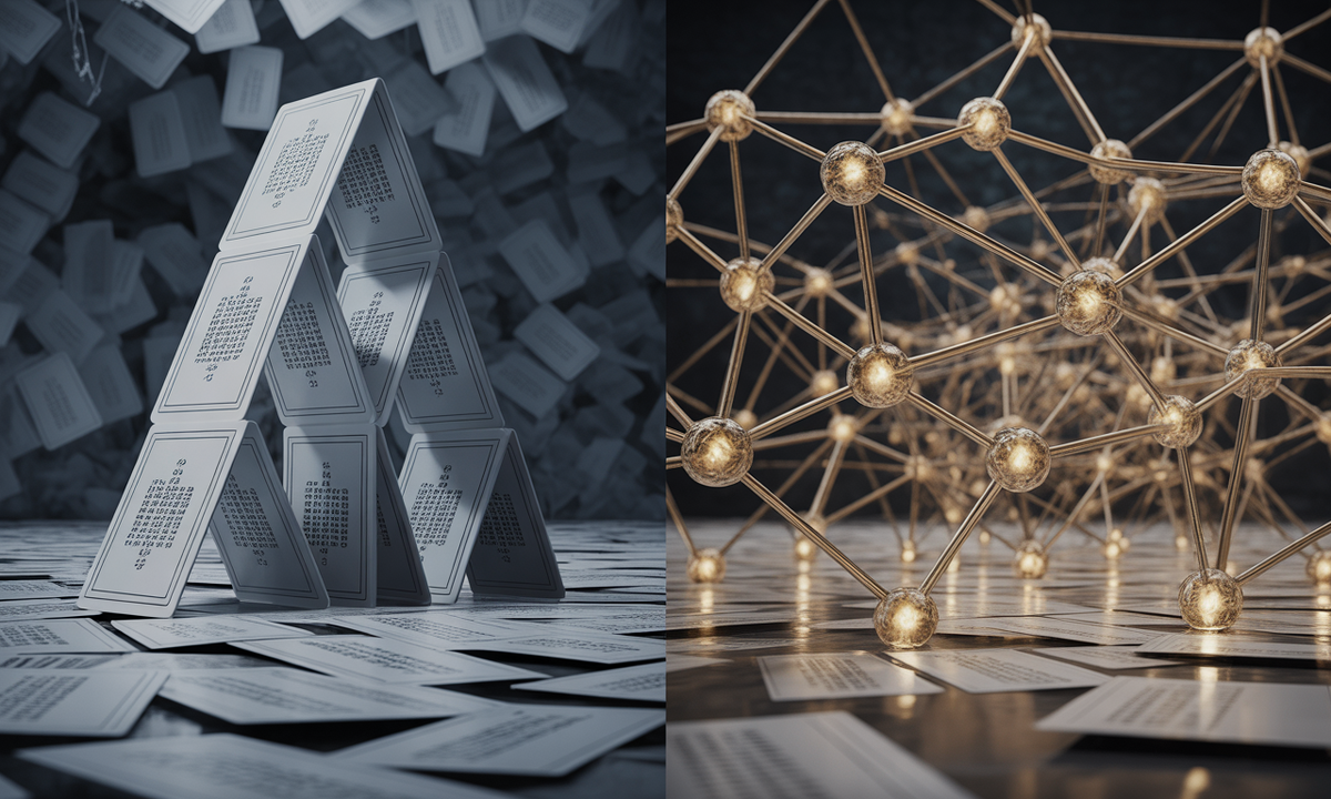 Слева: Хрупкая структура, построенная на запоминании алгоритмов. Она рушится от любой задачи, выходящей за рамки шаблона. Справа: Устойчивая и гибкая сеть, построенная на фундаментальных принципах. Она позволяет выстраивать новые логические связи для решения незнакомых задач.