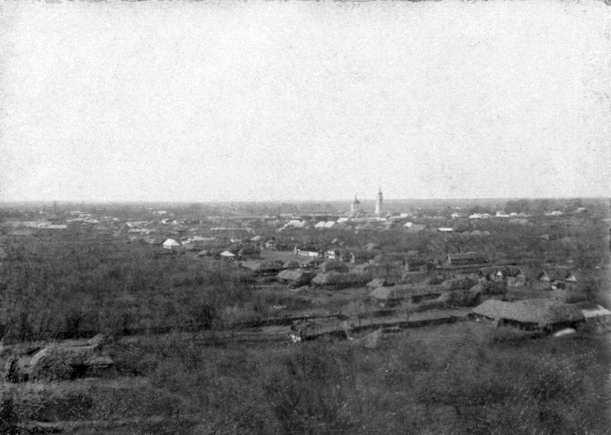 Панорама Ижевского с колокольни Покровской церкви. В нижней части видны пространство между гуменниками и цепь риг и половен — сараев для соломы. 1902 год. Фото Ивана Филатова