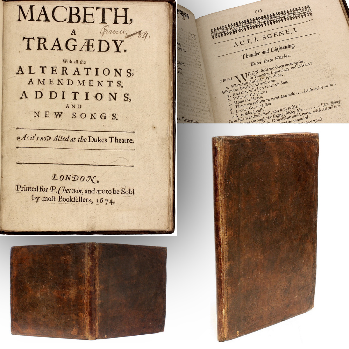 НАЗВАНИЕ: "Макбет", трагедия: со всеми изменениями, дополнениями и новыми песнями. В том виде, в каком она сейчас идет в театре Герцога. ИЗДАТЕЛЬСТВО: Лондон: Напечатано для П. Четвина, 1674.»