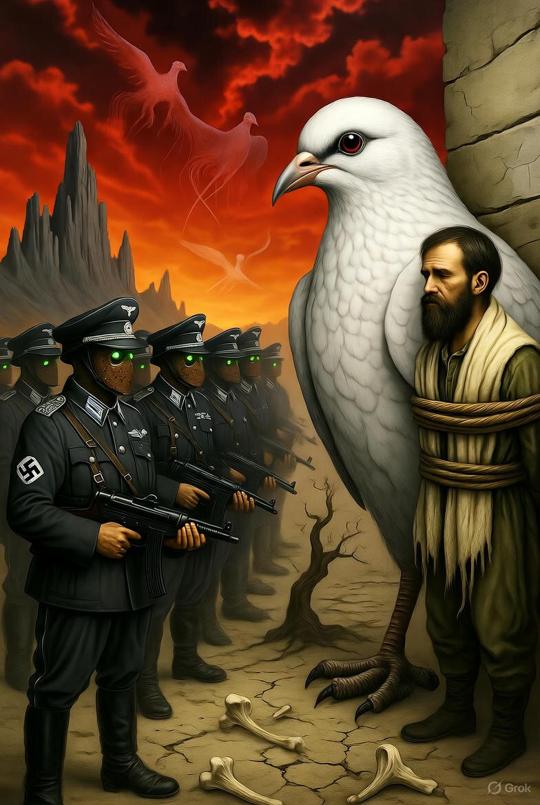 нелюди во все времена  убивают голубей( авторский коллаж  на базе ИИ)