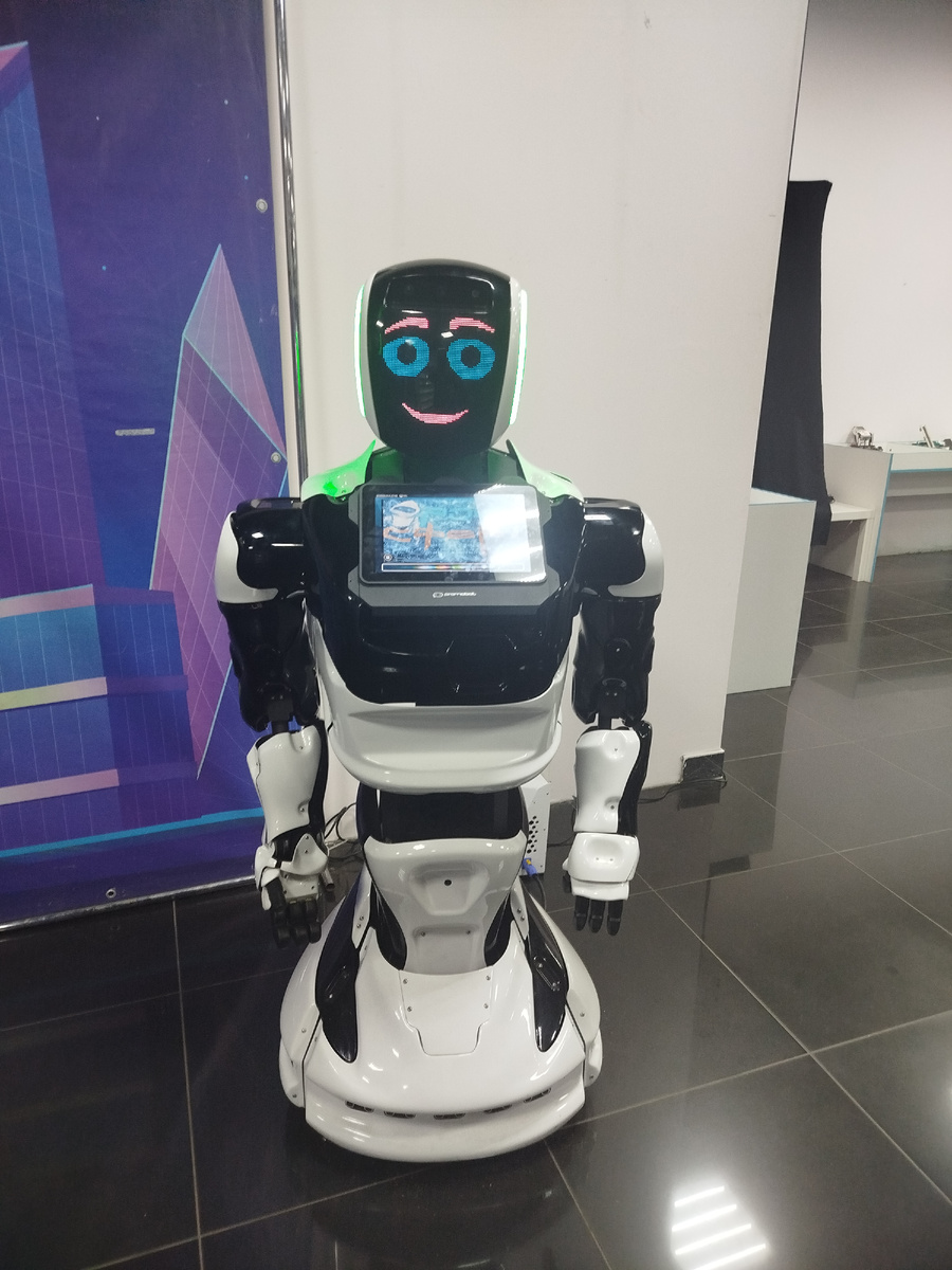 На входе посетителей встречает дружелюбный говорящий робот. Его внешность совсем не вызывает "эффект зловещей долины".