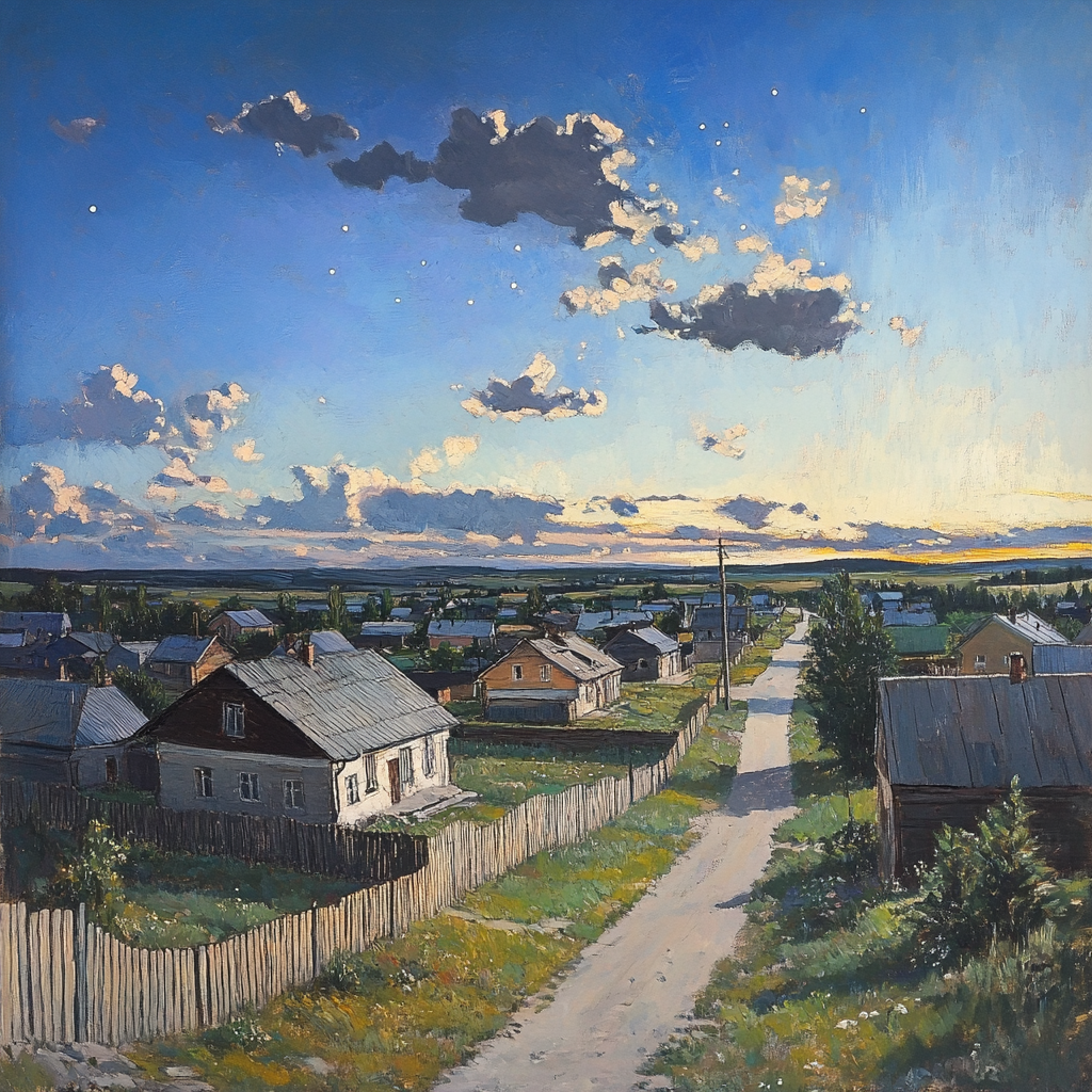 представление midjourney о том, как выглядит городок в России ))))