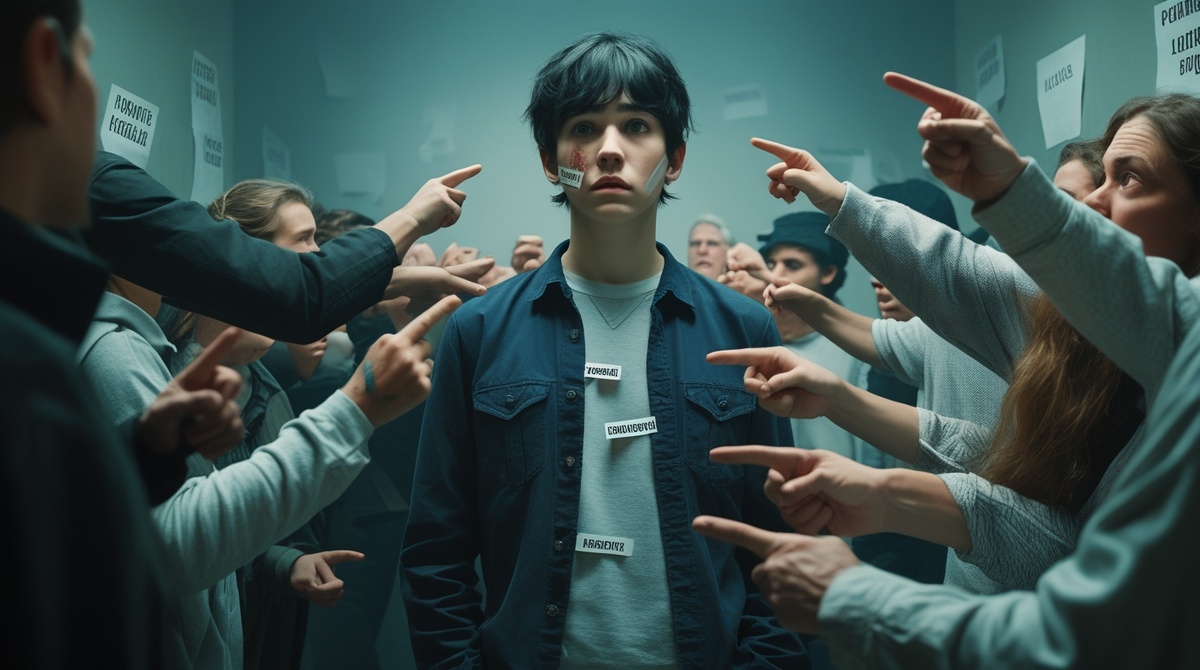 Иллюстрация о том, как общество навешивает ярлыки и превращает ошибку в часть личности.