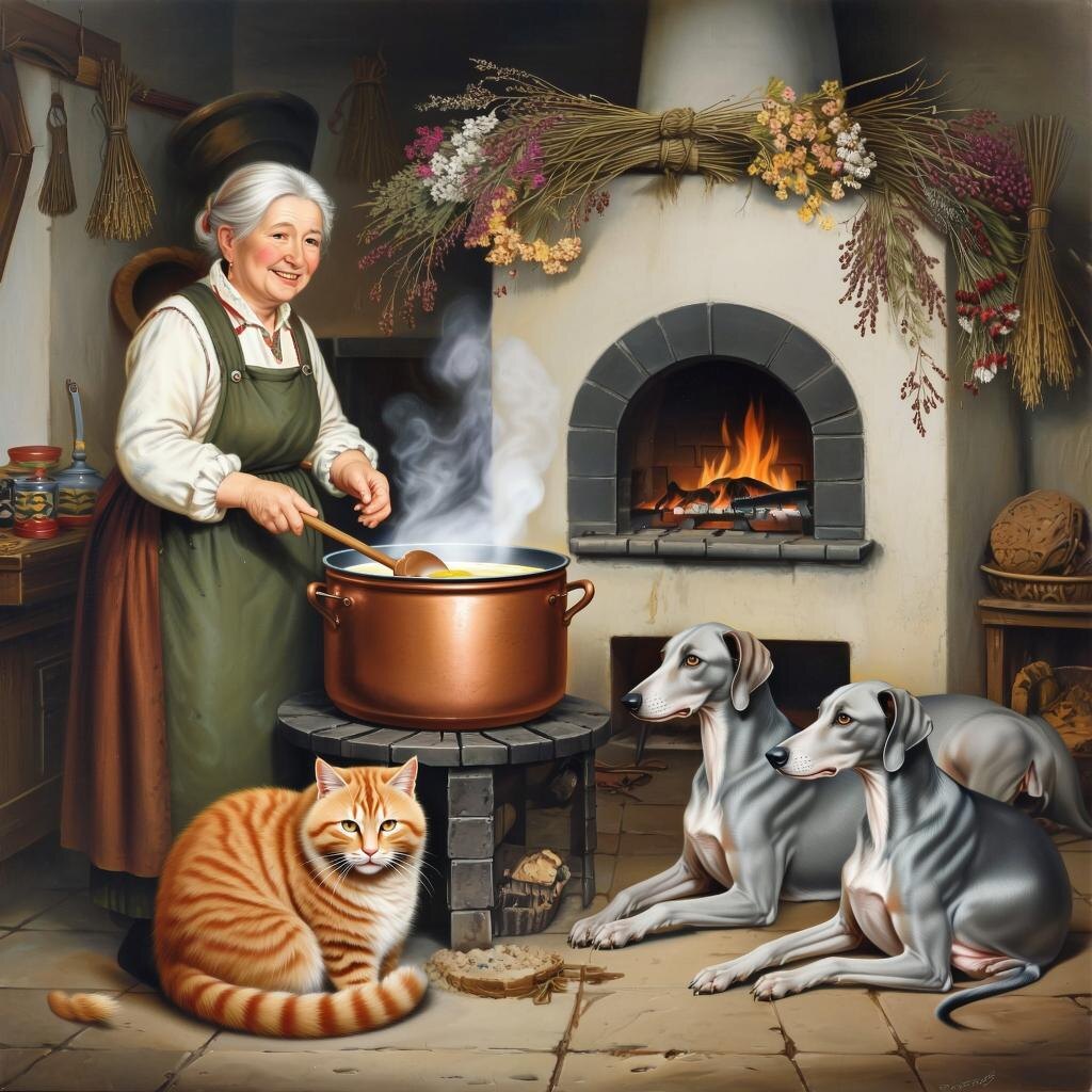 Ленивая Стряпуха варит суп. Сгенерировано нейросетью GigaChat по запросу автора.