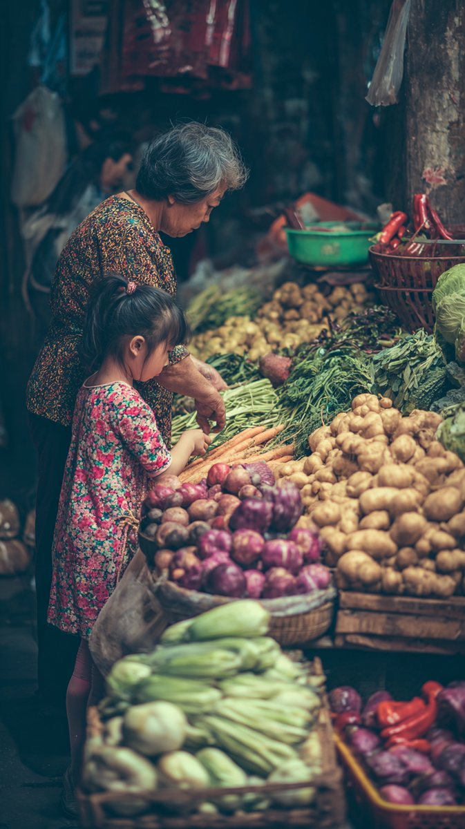 Пожилая женщина и маленькая девочка выбирают свежие овощи на традиционном китайском рынке. На прилавке лежат картофель, морковь, баклажаны и зелень. Атмосфера спокойная и домашняя — сцена передаёт повседневную жизнь Китая и тему общения на рынке, где простые фразы на китайском помогают установить контакт.