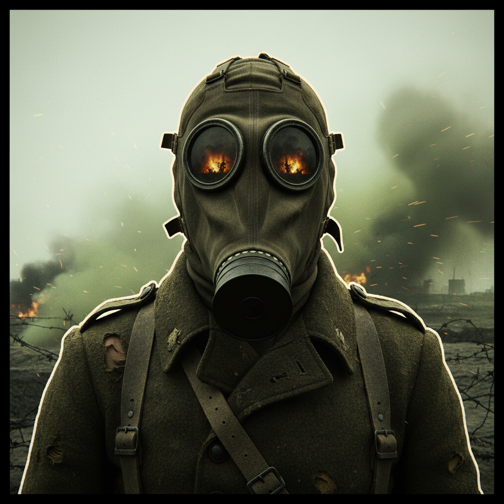 Солдат Певой мировой войны позирует в противогазе.