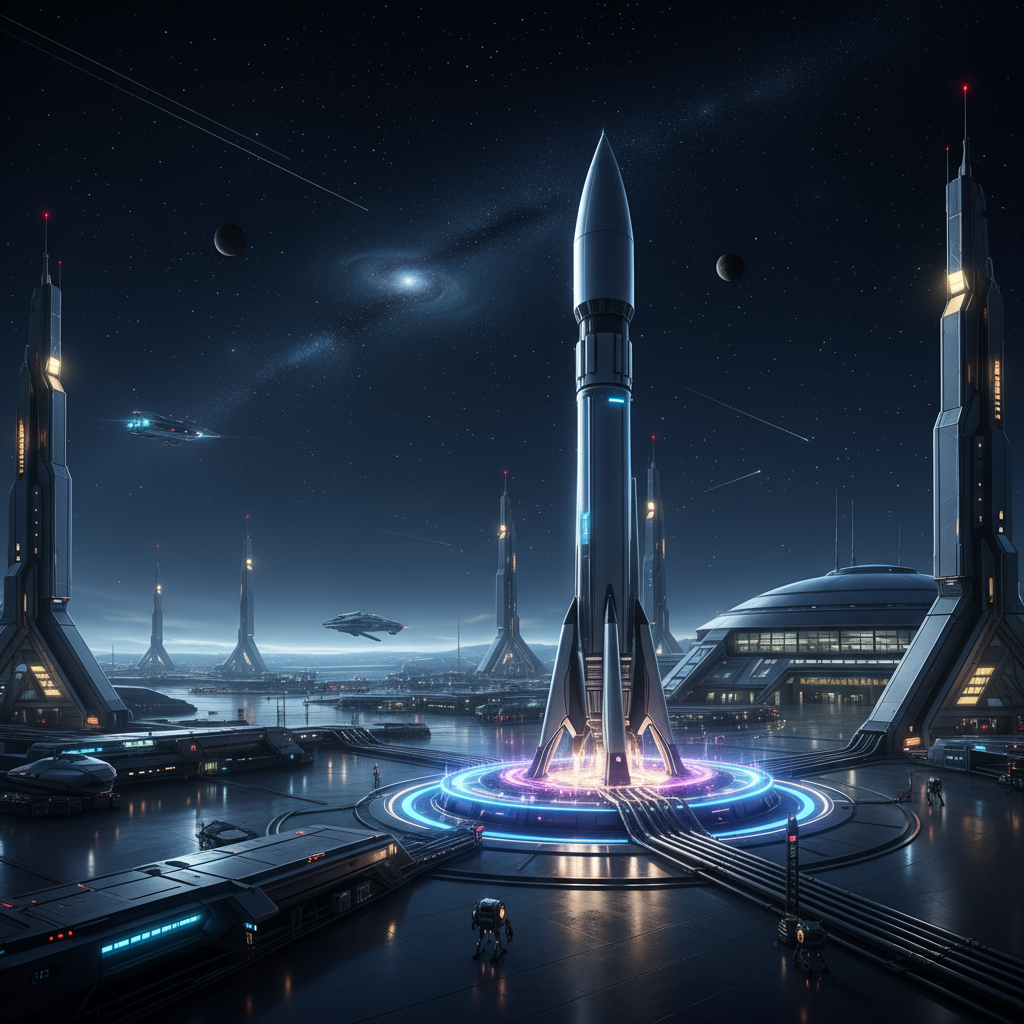 Футуристический космодром с ракетой на старте под звёздным ночным небом
