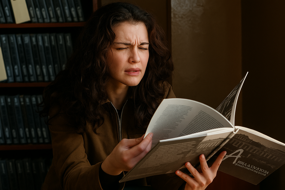 Девушка без очков щурится, читая книгу.