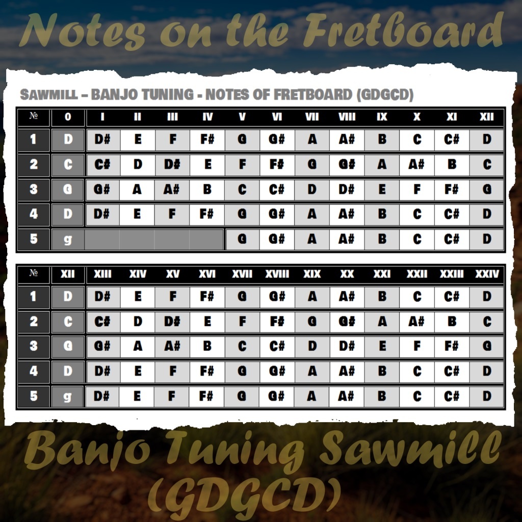 «Расположение нот на грифе банджо в строе Sawmill»