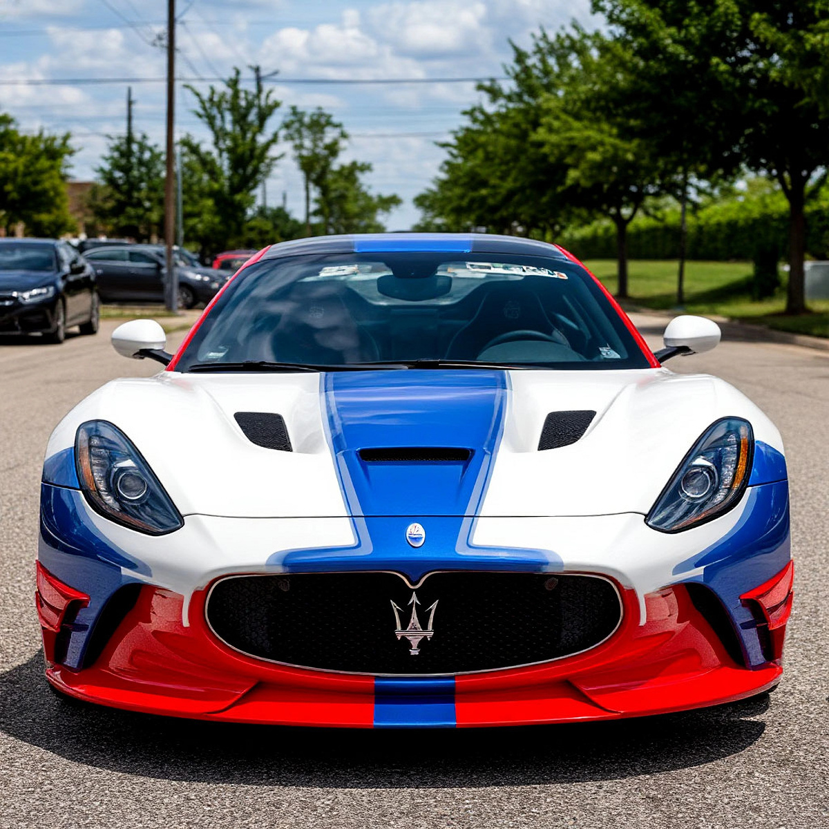 Раскраска машины в белый, красный, синий цвета.