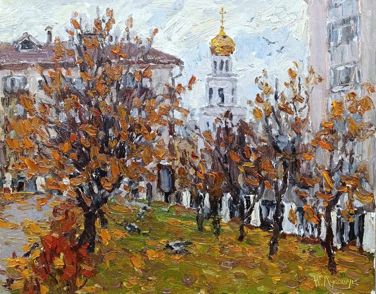 Николай Лукашук «Вид из сквера на площади Куйбышева на колокольню Иверского монастыря» 2025 картон, масло 40х50