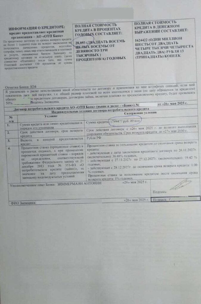 Кредитный договор АО "ОТП Банк"