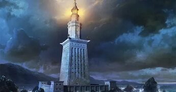 Так мог выглядеть маяк в пору расцвета. Высота — около 130 метров. Для сравнения — это выше, чем современная 40-этажка.