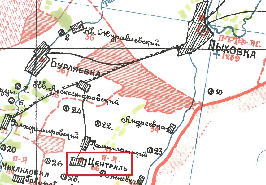 Немецкая колония Централь, слободы Бурляевка и Пыховка. Карта Воронежской губернии издания Воронежского губернского статистического отдела, 1928 год