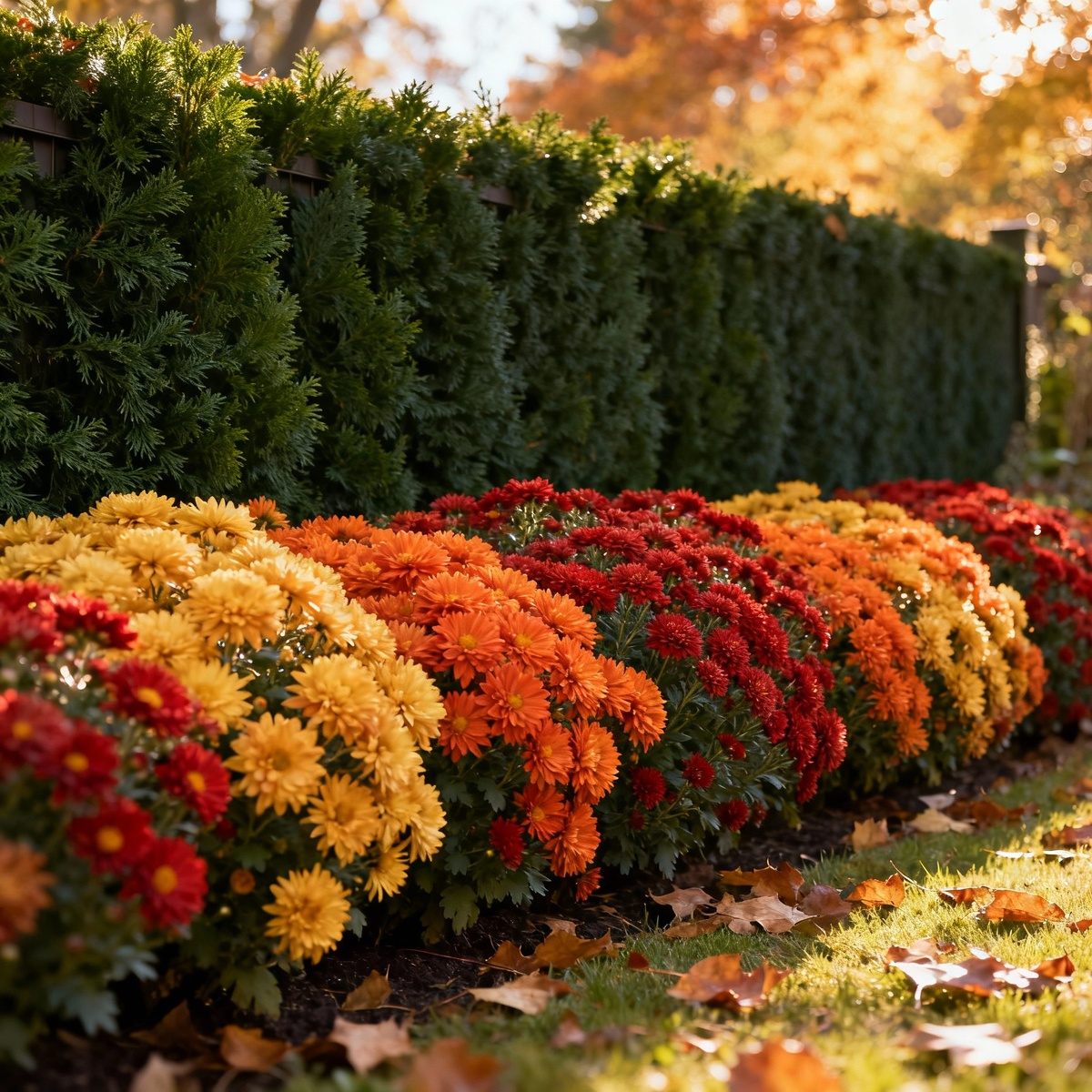 Красиво оформленная граница участка с живой цветущей изгородью из чубушника