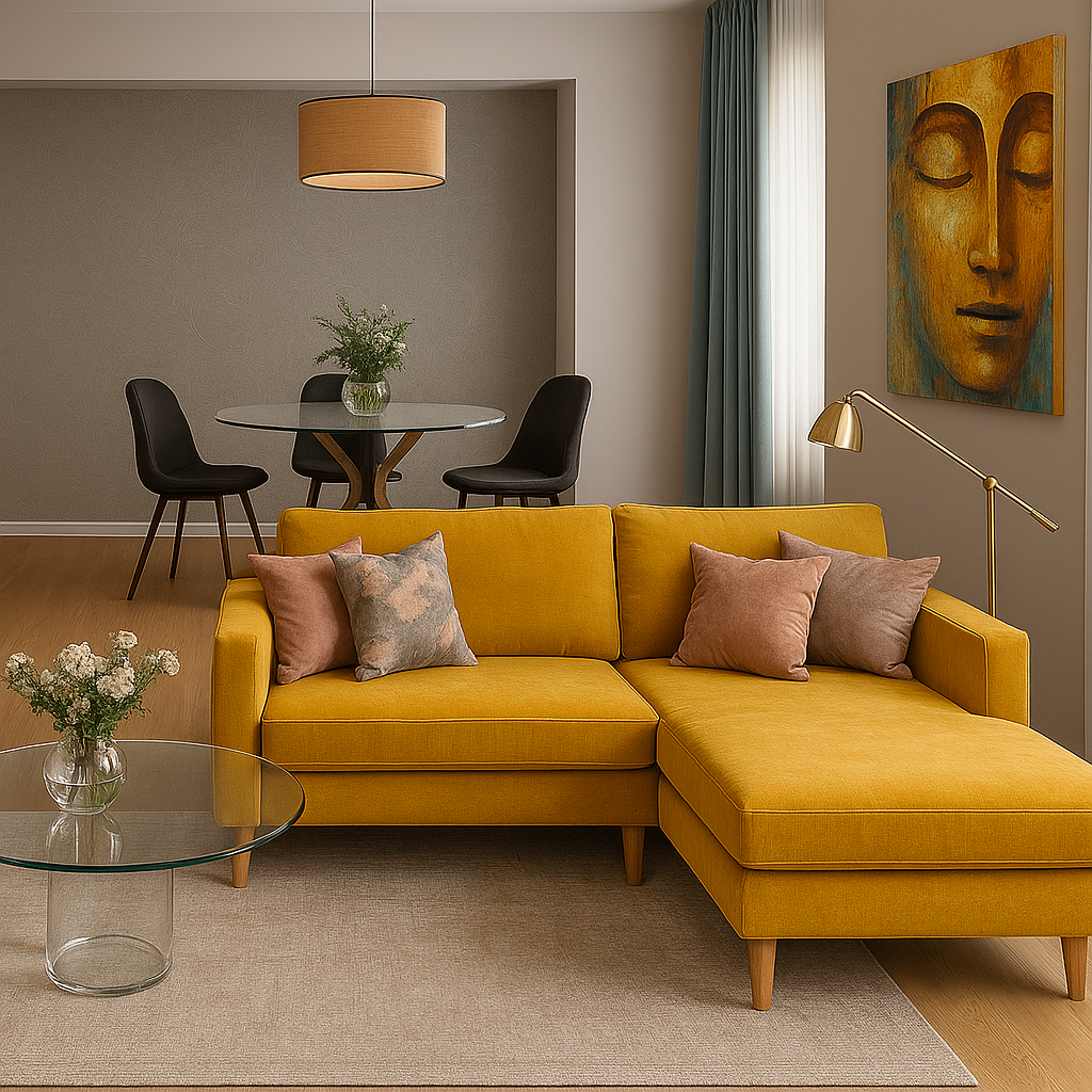 Вариант 1 - ярко желтый диван и стеклянные столики