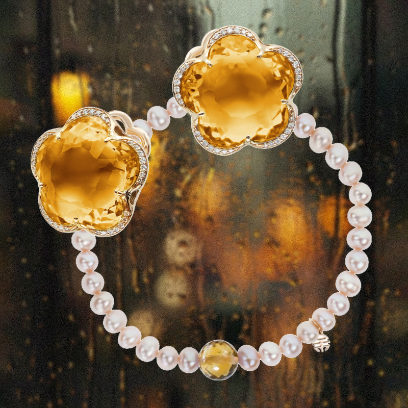 Браслет Mimi Zabette из розового золота с жемчугом и цитрином и серьги Pasquale Bruni Bon Ton из розового золота с бриллиантами и цитринами