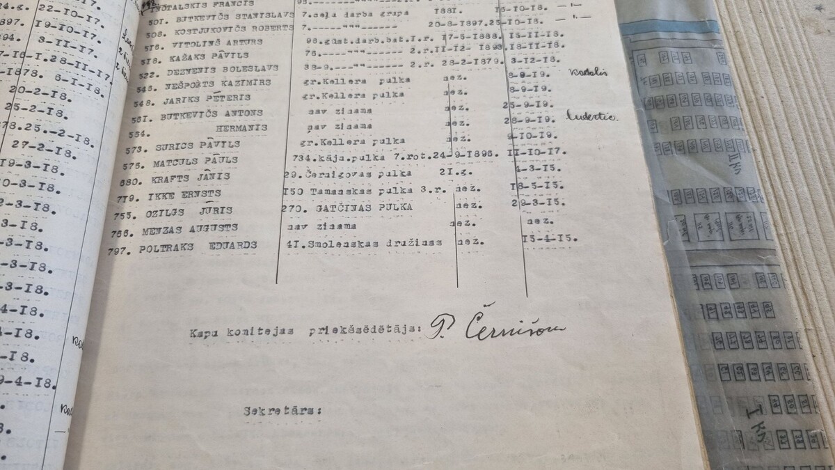 Имя ратника Эдуарда Полтрака в «Списке Чернышова», в котором указаны имена 102 воинов Русской императорской армии и Западной добровольческой армии Павла Бермондта, похороненных на Митавском гарнизонном кладбище. Источник: LVVA, фонд 4254, опись 1, дело 714.