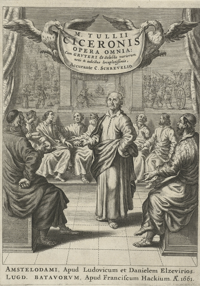 Марк Туллий Цицерон. 
Это титульный лист издания Opera Omnia Марка Туллия Цицерона — знаменитого римского оратора, философа и политика.
Издание выполнено Эльзевирами — одной из самых уважаемых типографских династий XVII века, а подготовил его Каспар Шревелий (C. Schrevelius), учёный-гуманист из Лейдена. 1661