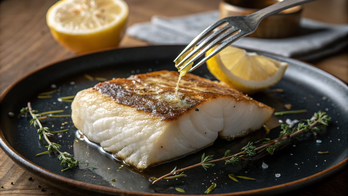 "Ресторанная" подача. На темной тарелке лежит идеальное, толстое филе белой рыбы (треска) с глянцевой, золотисто-коричневой корочкой.