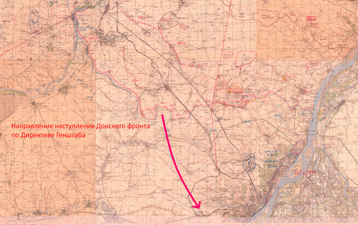 На этой карте я нанёс стрелкой направление главного удара Донского фронта по директиве № 170644 от 7 октября. Чтобы было видно, что осуществление главного удара приводит к окружению Сталинграда 
