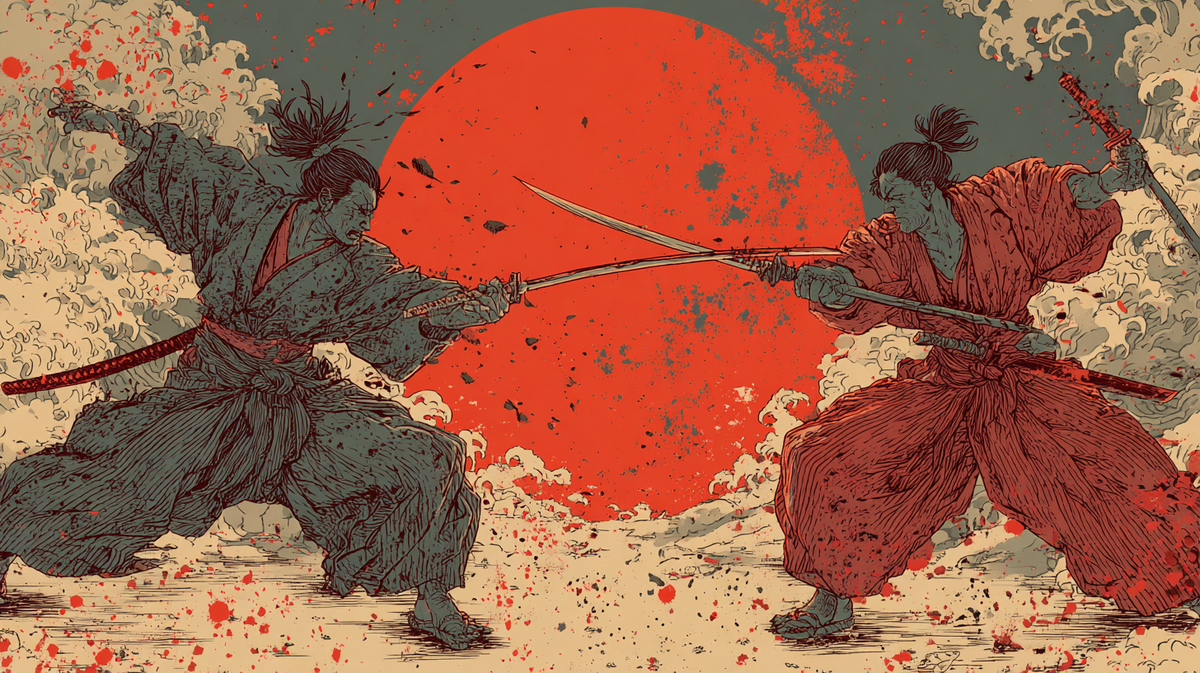 «Двое самураев сражаются на фоне красного солнца, символизирующего внутреннюю силу и баланс. Иллюстрация в стиле японской гравюры укиё-э, метафора борьбы кетоза и глюкозного метаболизма: два источника энергии, две философии питания, встреча традиции и осознанного выбора».