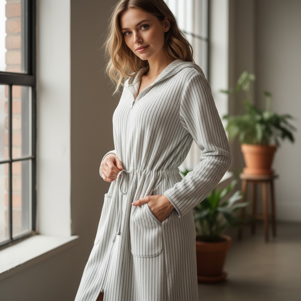 Женский халат на молнии с капюшоном прекрасно подходит для повседневного использования в качестве домашней одежды. 100% хлопок. Сделано в Германии