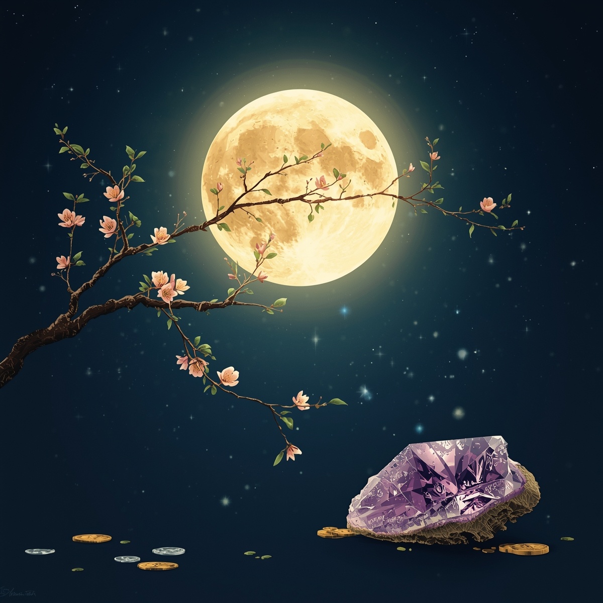 На тёмно-синем ночном небе круглая, сияющая мягким золотистым светом полная Луна.