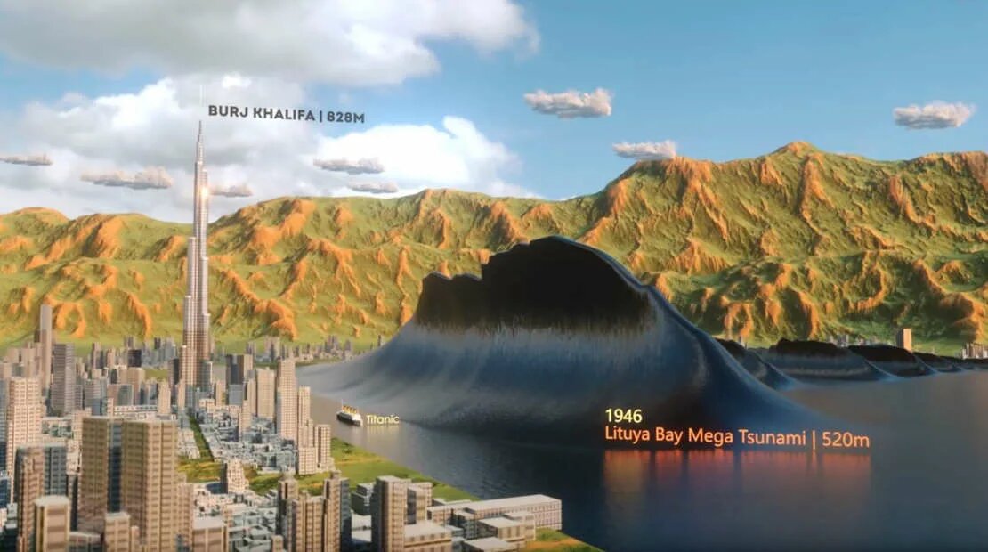 Сравнение МЕГАцунами с сверхвысотным небоскрёбом «Бурдж-Халифа» в Дубае